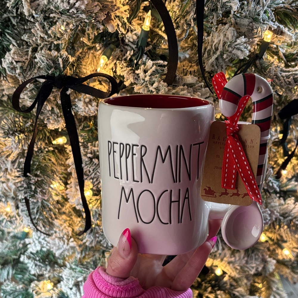 Rae Dunn Peppermint Mocha Christmas Mug Red Interior Candy Cane Spoon NWT